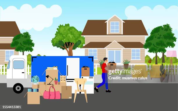 a man carries his packed belongings to his new home - house rental stock illustrations