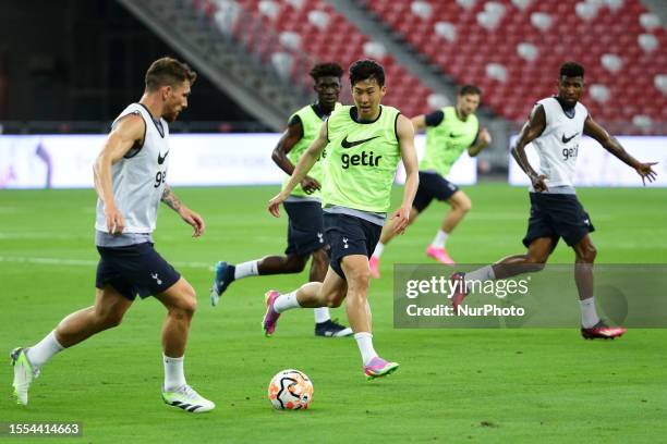 Son Heung-Min of Tottenham Hotspur and teammates train ahead of the pre-season friendly match between Tottenham Hotspur and Lion City Sailors at...