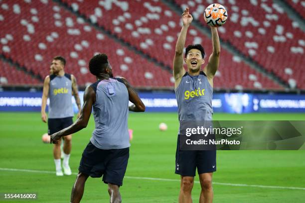 Son Heung-Min of Tottenham Hotspur and teammates train ahead of the pre-season friendly match between Tottenham Hotspur and Lion City Sailors at...