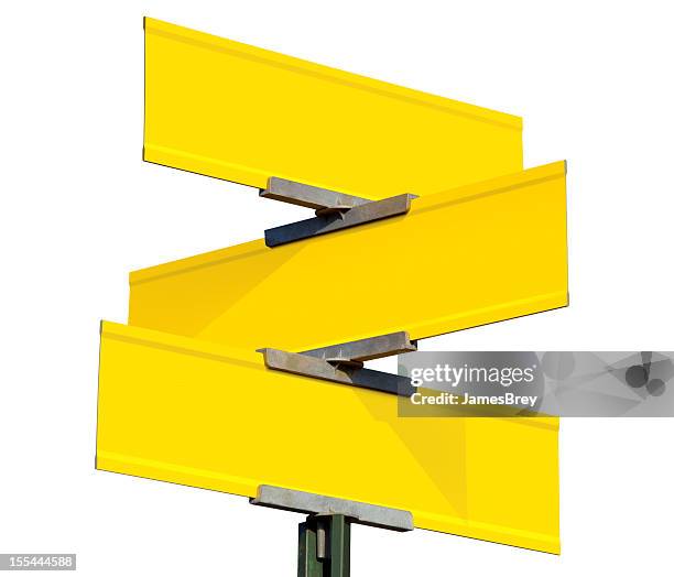 blank yellow three-way street sign on white background - three objects stock pictures, royalty-free photos & images