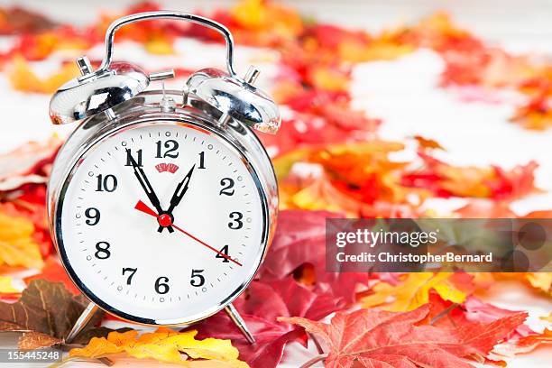 alarm clock on autumn leaves - orange alarm clock stock pictures, royalty-free photos & images
