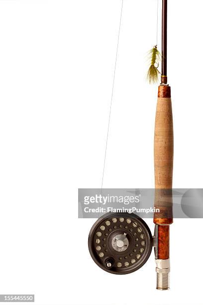 fly-fishing rod &amp; reel on white background. copy space. - hook equipment stock pictures, royalty-free photos & images
