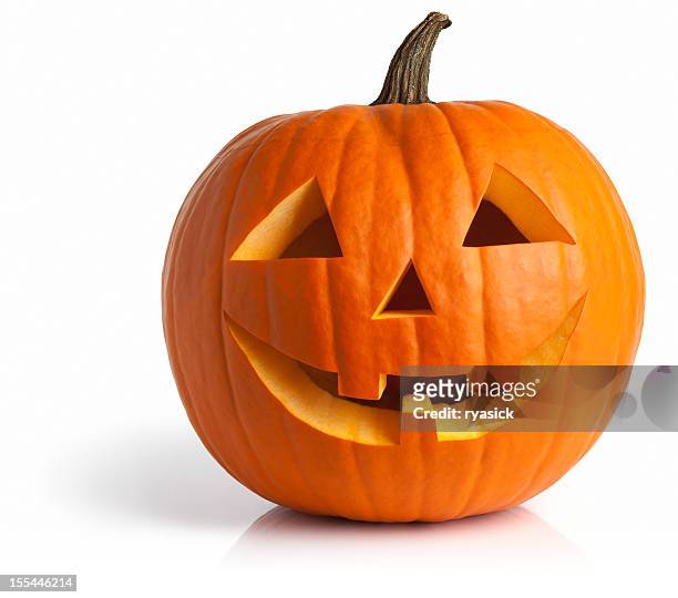 freshly carved jack-o-lantern pumpkin isolated on white - halloween stock pictures, royalty-free photos & images