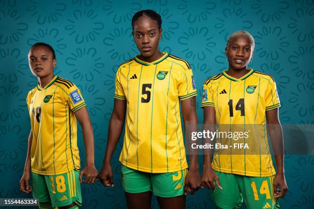 Trudi Carter, Konya Plummer and Deneisha Blackwood of Jamaica pose for a portrait during the official FIFA Women's World Cup Australia & New Zealand...