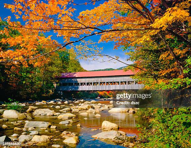 covered bridge, stream, autumn, hew hampshire - september stock pictures, royalty-free photos & images