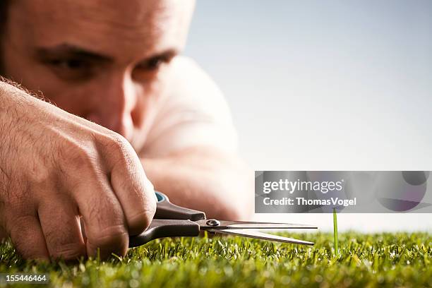 perfectionist - garden gardening perfection grass scissors humor - comic image of man with gun in desert stockfoto's en -beelden