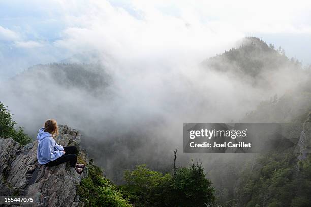 teenage girl sitting alone in misty smoky mountains national park - great smoky mountains stock pictures, royalty-free photos & images