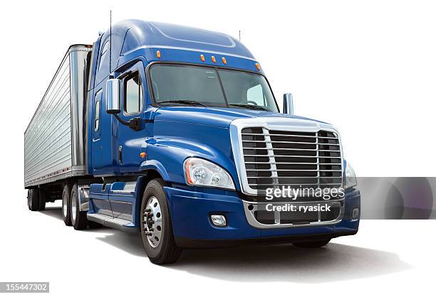 isolated eighteen wheel semi truck with blue cab on white - truck stock pictures, royalty-free photos & images