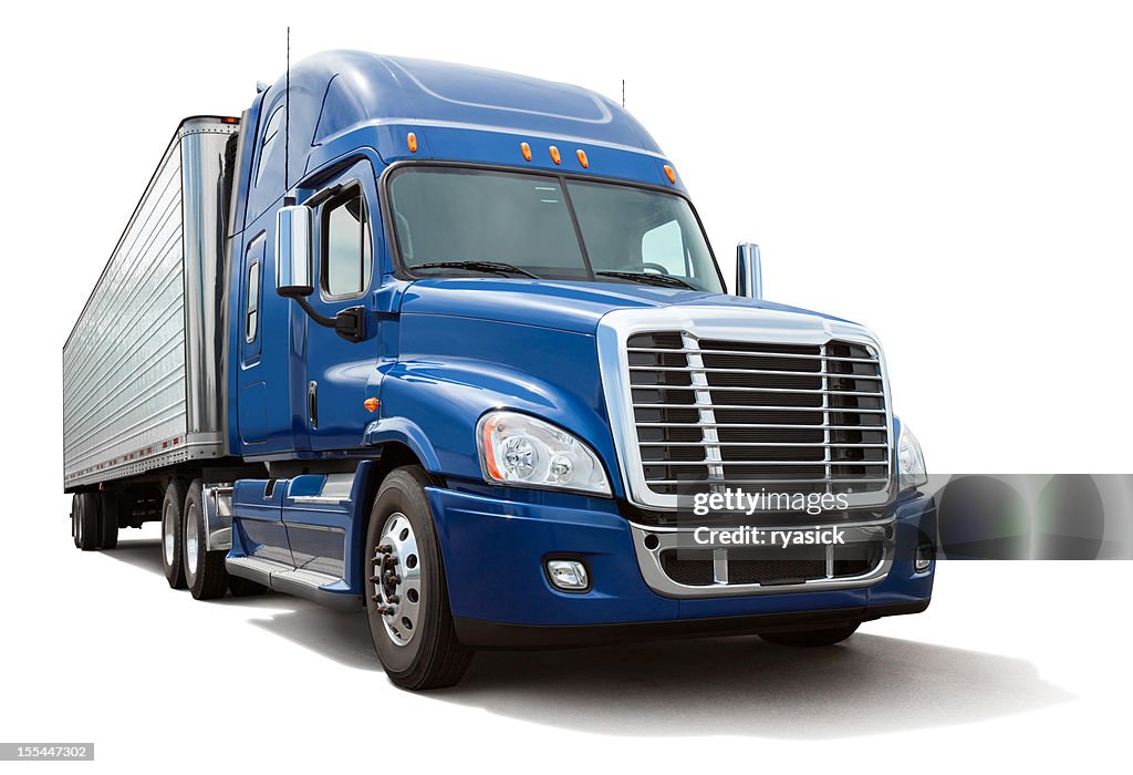 Isolated Eighteen Wheel Semi Truck with Blue Cab on White