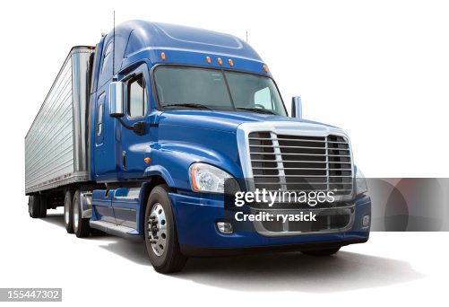 Isolated Eighteen Wheel Semi Truck with Blue Cab on White Isolated Eighteen Wheel Semi Truck with Blue Cab on White