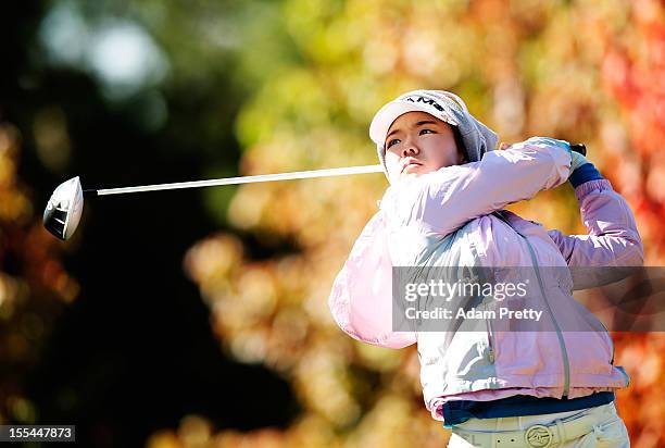 Jenny Shin of of the USA tees off during the final round of the Mizuno Classic at Kintetsu Kashikojima Country Club on November 4, 2012 in Shima,...