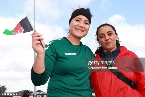 Fatima of the Melbourne Victory Afghan Women's Team and Khalida Popal, Afghan Women’s Team Director and former Afghanistan National Team Captain pose...