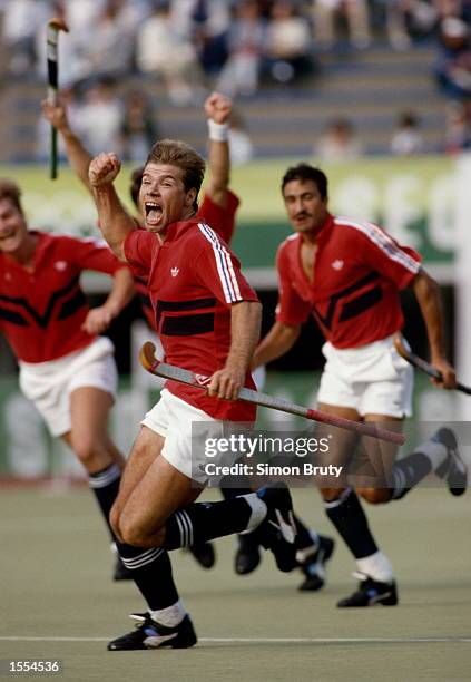 STEPHEN BATCHELOR OF GREAT BRITAIN CELEBRATES AFTER SCORING A GOAL AGAINST WEST GERMANY IN THE FINAL OF THE FIELD HOCKEY COMPETITION AT THE 1988...