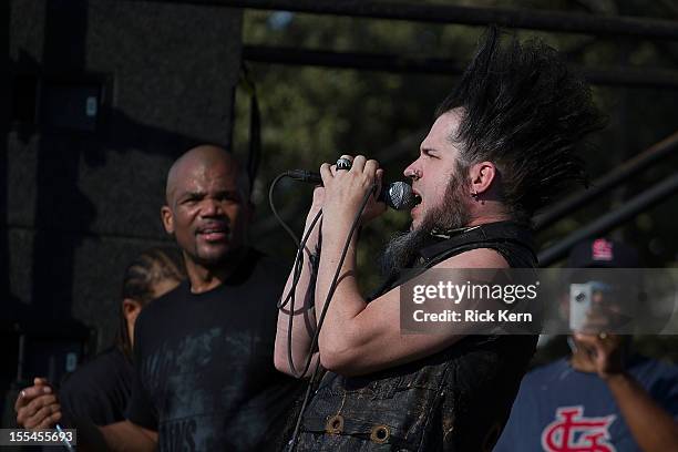 Rapper Darryl "D.M.C." McDaniels and vocalist/musician Wayne Static perform in concert during day two of Fun Fun Fun Fest at Auditorium Shores on...