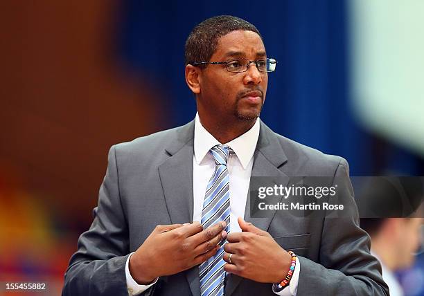 Steven Key, head coach of Ludwigsburg looks on during the Beko BBL basketball match between Eisbaeren Bremerhaven and Nackar RIESEN Ludwigsburg at...