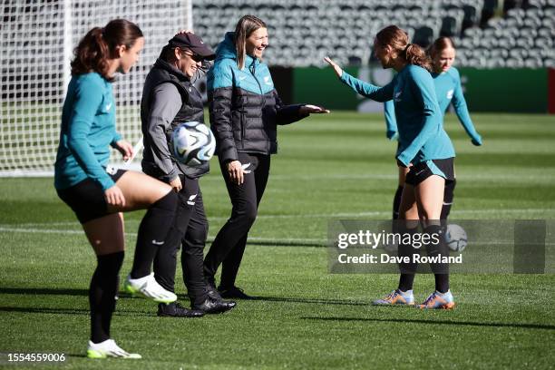 Head Coach Jitka Klimková exchanges greetings with Elizabeth Anton during the New Zealand Training Session ahead of the FIFA Women's World Cup...