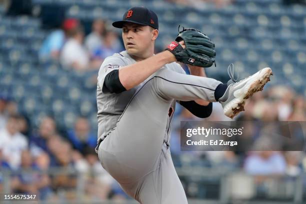 Tarik Skubal of the Detroit Tigers throws in the first inning against the Kansas City Royals at Kauffman Stadium on July 18, 2023 in Kansas City,...