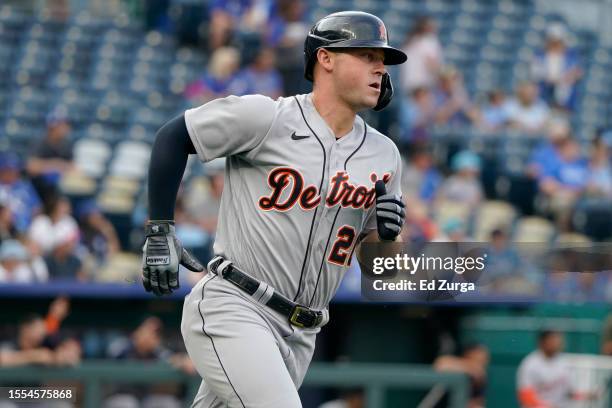 Spencer Torkelson of the Detroit Tigers runs the bases after hitting a two-run home run in the first inning against the Kansas City Royals at...