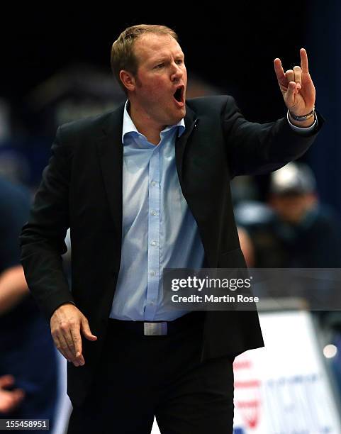 Douglas Spradley, head coach of Bremerhaven gestures during the Beko BBL basketball match between Eisbaeren Bremerhaven and Nackar RIESEN Ludwigsburg...