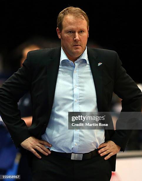 Douglas Spradley, head coach of Bremerhaven looks on during the Beko BBL basketball match between Eisbaeren Bremerhaven and Nackar RIESEN Ludwigsburg...