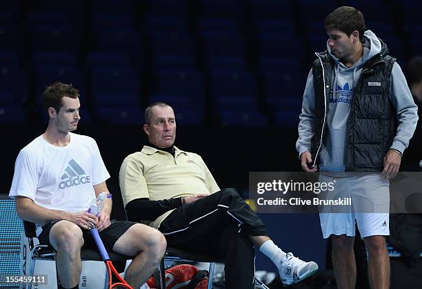 Andy Murray of Great Britain with his coach Ivan Lendl and hitting partner Daniel Vallverdu during a practice session prior to the start of ATP World...