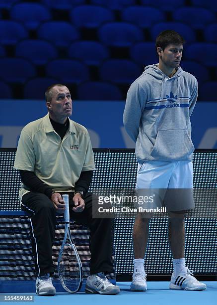 Andy Murray of Great Britain's coach Ivan Lendl and hitting partner Daniel Vallverdu during a practice session prior to the start of ATP World Tour...