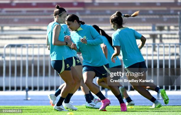 Sam Kerr of the Matildas warms up as she does a training drillduring a Australia Matildas Training Session ahead of the FIFA Women's World Cup...