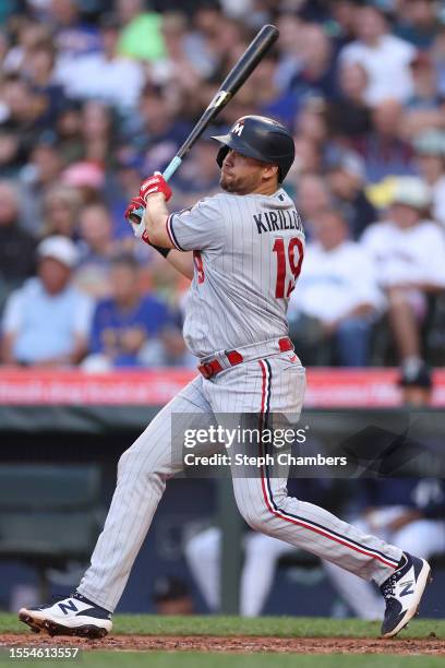 Alex Kirilloff of the Minnesota Twins watches his sacrifice fly to score a run during the third inning against the Seattle Mariners at T-Mobile Park...