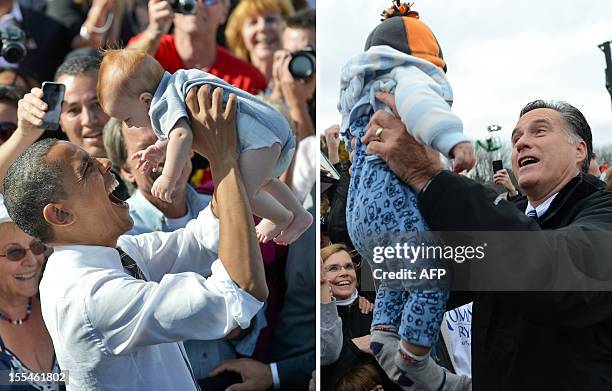 This combination of file pictures shows US Republican presidential candidate Mitt Romney greets supporters while holding a supporter's baby during a...