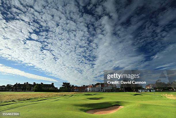 The par 4, 18th hole and the clubhouse behind the green at The Honourable Company of Edinburgh Golfers at Muirfield on August 31, in Gullane,...