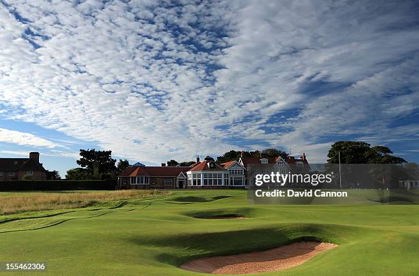 The par 4, 18th hole and the clubhouse behind the green at The Honourable Company of Edinburgh Golfers at Muirfield on August 31, in Gullane,...