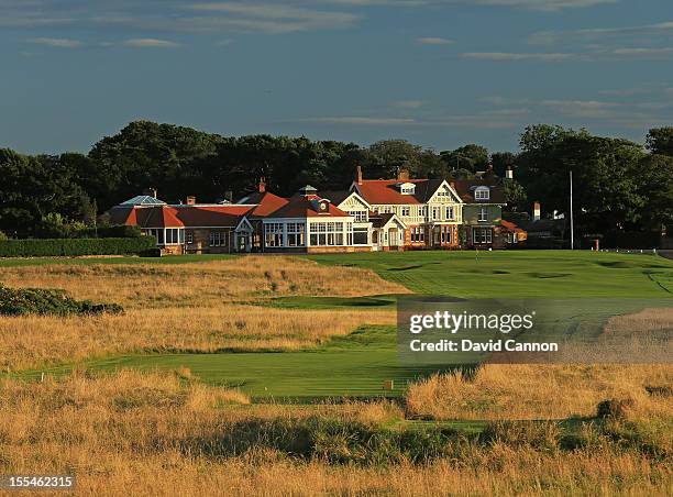 The par 4, 18th hole and the clubhouse behind the green at The Honourable Company of Edinburgh Golfers at Muirfield on August 31, in Gullane,...