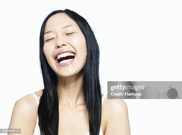 portrait of woman laughing - beautiful japanese women stock pictures, royalty-free photos & images