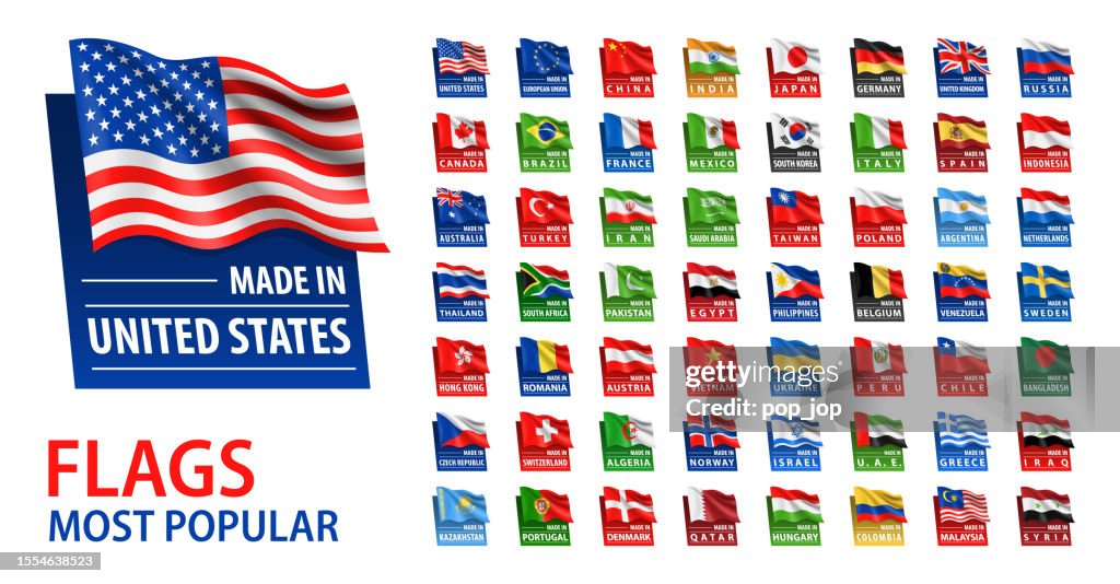 Made In - Vector Set. Most Popular Flags and Text Made In. Isolated on White Backround