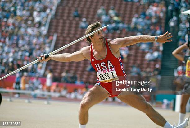American javelin thrower Duncan Atwood competing in the Olympic Games, Los Angeles, August 1984.