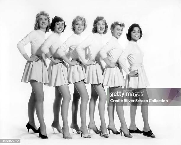 Promotional portrait of the actresses playing sixth form girls in the British comedy film 'Blue Murder at St Trinian's', directed by Frank Launder,...