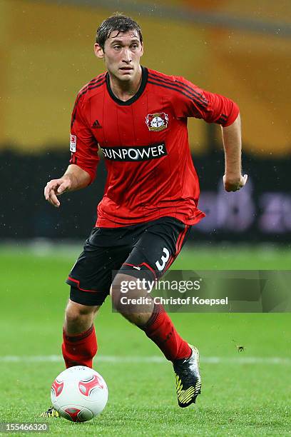 Stefan Reinartz of Leverkusen runs with the ball during the Bundesliga match between Bayer 04 Leverkusen and Fortuna Duesseldorf at BayArena on...