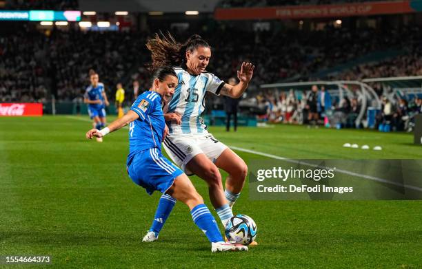 Lucia Di Guglielmo of Italy and Florencia Bonsegundo of Argentina battle for the ball during the FIFA Women's World Cup Australia & New Zealand 2023...