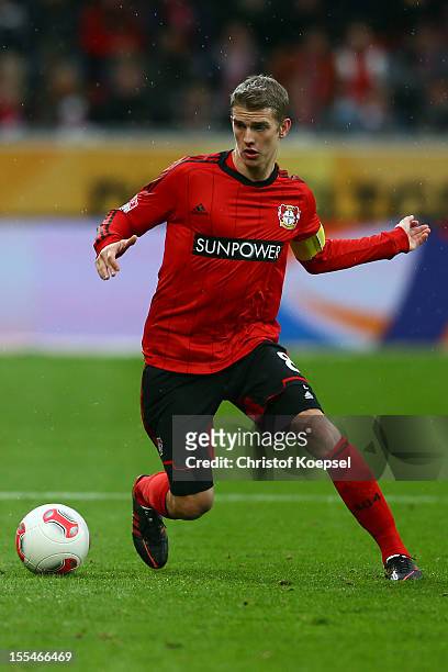 Lars Bender of Leverkusen runs with the ball during the Bundesliga match between Bayer 04 Leverkusen and Fortuna Duesseldorf at BayArena on November...
