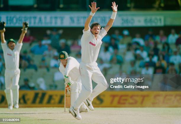 South African bowler Fanie de Villiers celebrates taking the wicket of Tim May during the 2nd Test against Australia at Sydney Cricket Ground,...