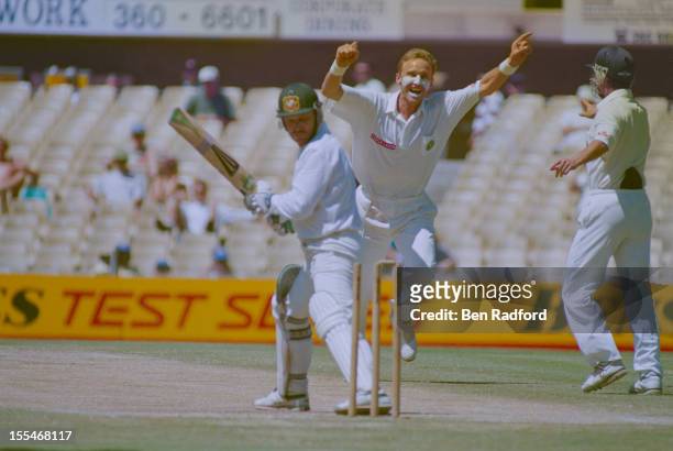South African bowler Allan Donald celebrates taking the wicket of Allan Border during the 2nd Test against Australia at Sydney Cricket Ground,...