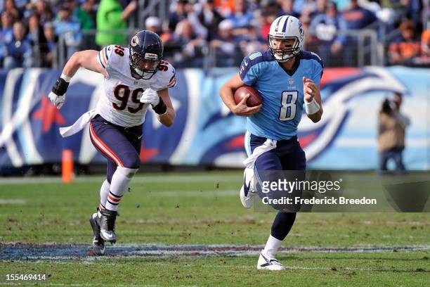 Shea McClellin of the Chicago Bears chases Matt Hasselbeck of the Tennessee Titans at LP Field on November 4, 2012 in Nashville, Tennessee.