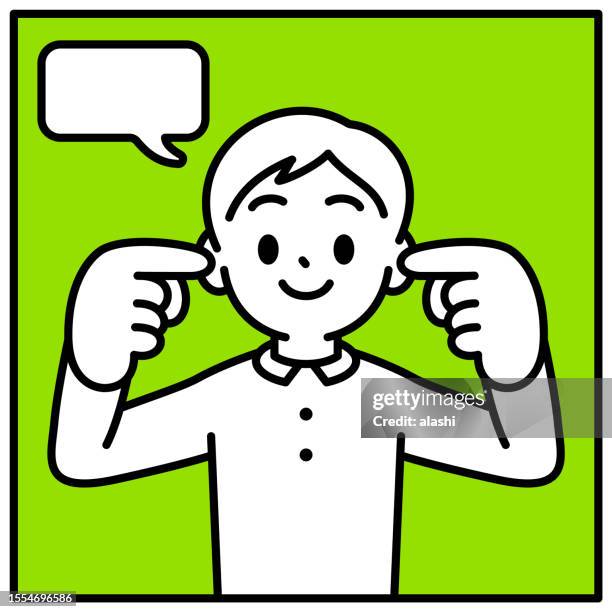 a boy with his forefingers in his ears, hearing no evil, looking at the viewer, no fake news, minimalist style, black and white outline - fingers in ears stock illustrations