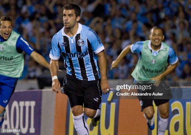 Andre Limaof Grêmio celebrates a goal during a match between Grêmio and Ponte Preta as part of the Brazilian Championship Serie A at Olímpico stadium...