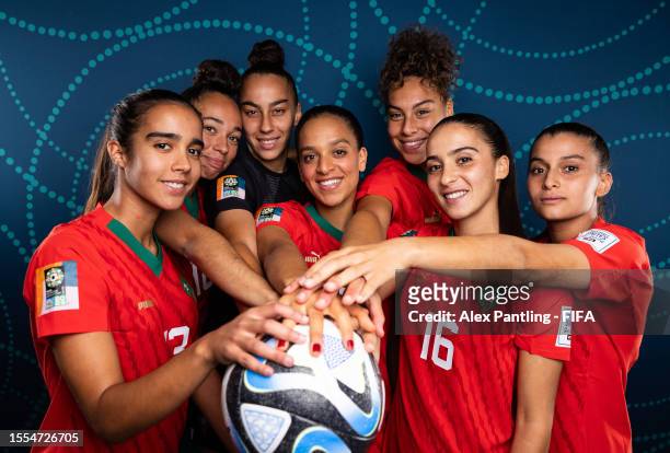 Players of Morocco pose during the official FIFA Women's World Cup Australia & New Zealand 2023 portrait session at on July 17, 2023 in Melbourne,...