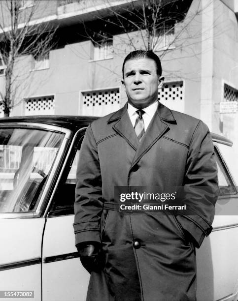 Ferenc Puskas, the Hungarian soccer player of Real Madrid, with his car in front of the stadium Santiago Bernabeu Madrid, Castilla La Mancha, Spain. .