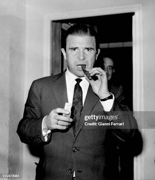 Ferenc Puskas, the Hungarian soccer player of Real Madrid, at his factory of sausages Madrid, Castilla La Mancha, Spain. .