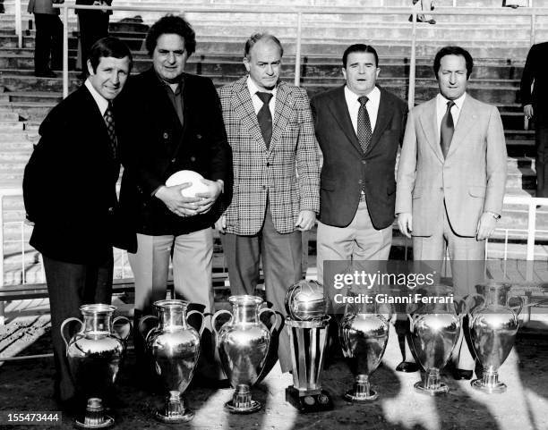 75th Anniversary of Real Madrid: Raymond Kopa, Jose Hector Rial, Alfredo Di Stefano, Ferenc Puskas and Paco Gento in Santiago Bernabéu Stadium, with...