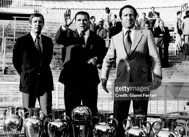 75th Anniversary of Real Madrid: Raymond Kopa, Fderenc, Puskas and Paco Gento in Santiago Bernabéu Stadium, with six European Cups Madrid, Castilla...