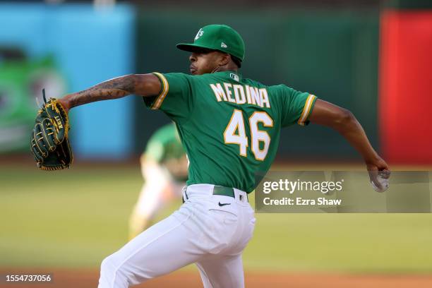 Luis Medina of the Oakland Athletics pitches against the Boston Red Sox in the first inning at RingCentral Coliseum on July 18, 2023 in Oakland,...